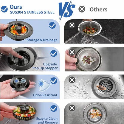 3-in-1 Kitchen Sink Drain Strainer - Pop Up Sink Stopper, Stainless Steel Sink Drain Strainer, Kitchen Sink Stopper & Drain Plug with Anti-Clogging Basket,Sink Strainer Fits US Standard 3-1/2'' Drains
