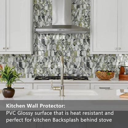 Vamos Tile Long Hexagon Peel and Stick Backsplash Tile - 10 Sheets Stick on Backsplash for Kitchen and Bathroom 12.4 x 12 Inch Glossy Wood Grain PVC Self Adhesive Mosaic Wall Tiles