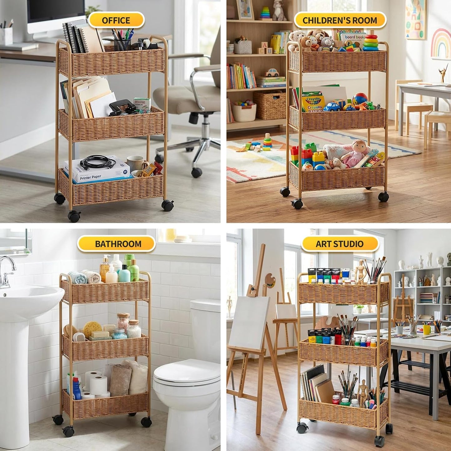 FOCHIER F Utility Slim Storage Cart,3-Tier Rolling Kitchen Office Laundry Room Cart,Mobile Shelving Unit Organizer for Living Room Bathroom Baby Diaper Narrow Places (Black, 3 Tiers-7.1 inch (W))