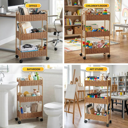 FOCHIER F Utility Slim Storage Cart,3-Tier Rolling Kitchen Office Laundry Room Cart,Mobile Shelving Unit Organizer for Living Room Bathroom Baby Diaper Narrow Places (Black, 3 Tiers-7.1 inch (W))