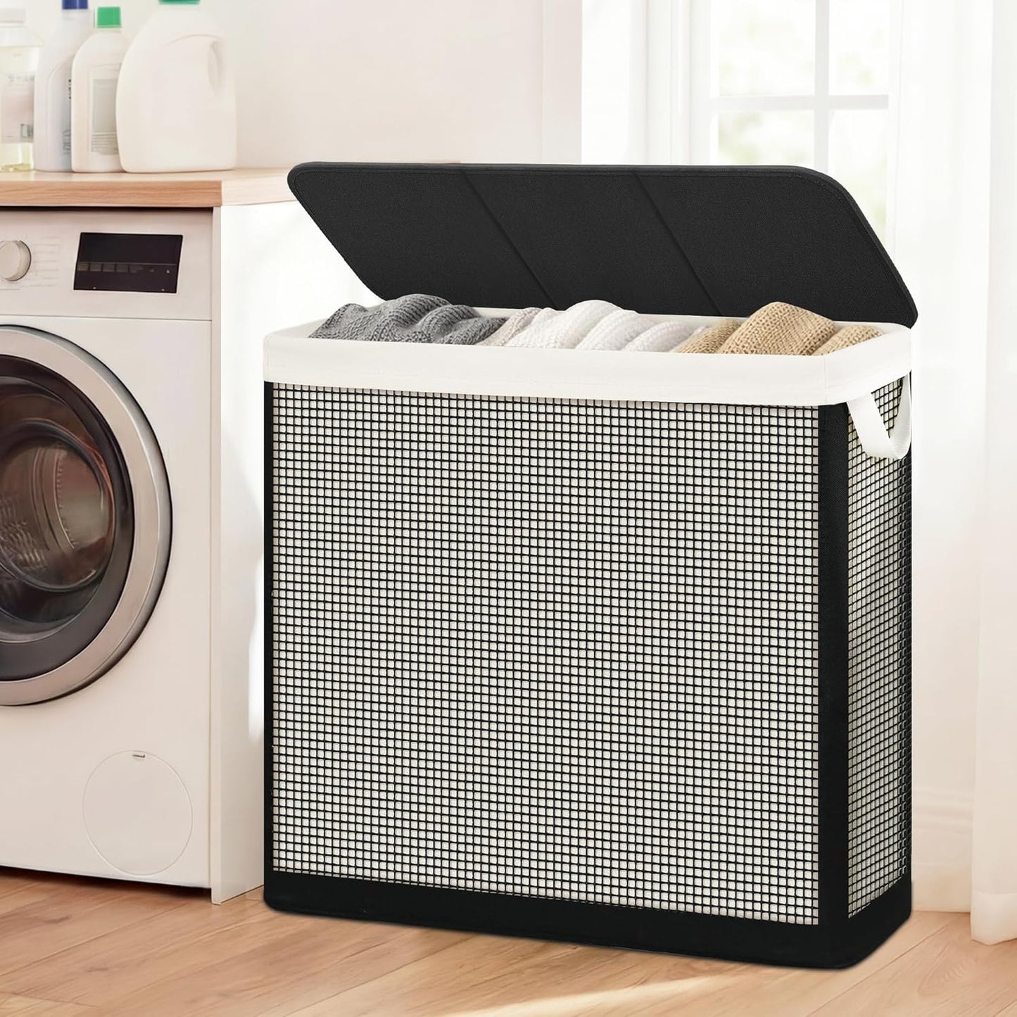 STO STO Laundry Hamper 3 Section with Lid, 180L Large 3 Compartment Laundry Sorter, Laundry Basket with Removable Washable Liner Bag, Breathable Clothes Hamper for Bedroom Bathroom Laundry Room Closet