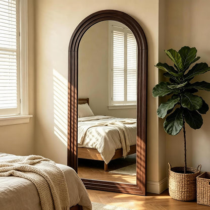Full Length Mirror with Solid Wood Frame & Stand, 71"x32" Oversized Arched Floor Mirror, Charred Wood Finish Wall Mounted or Leaning Mirror for Bedroom Living Room, Burnt Brown