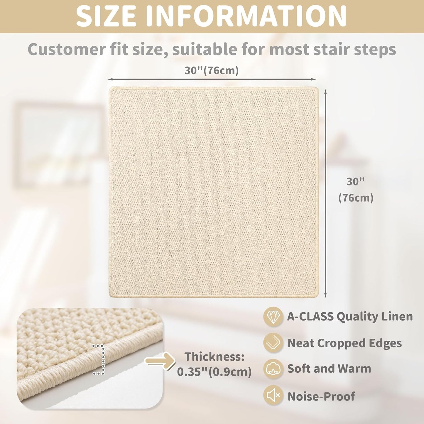 Brakki Bullnose Carpet Stair Treads, Non Slip Stair Treads for Wooden Steps Indoor, Stair Runner, Soft Stair Rugs, Edging Stair Protectors, Washable, 29.5"x9.5"x1.5" 14pcs, Beige