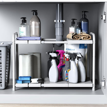 Simple Houseware Under Sink 2-Tier Heavy Duty Expandable Rack Organizer, Adjustable Width 15.75–25 Inches with 4 Shelf Height Levels, Silver