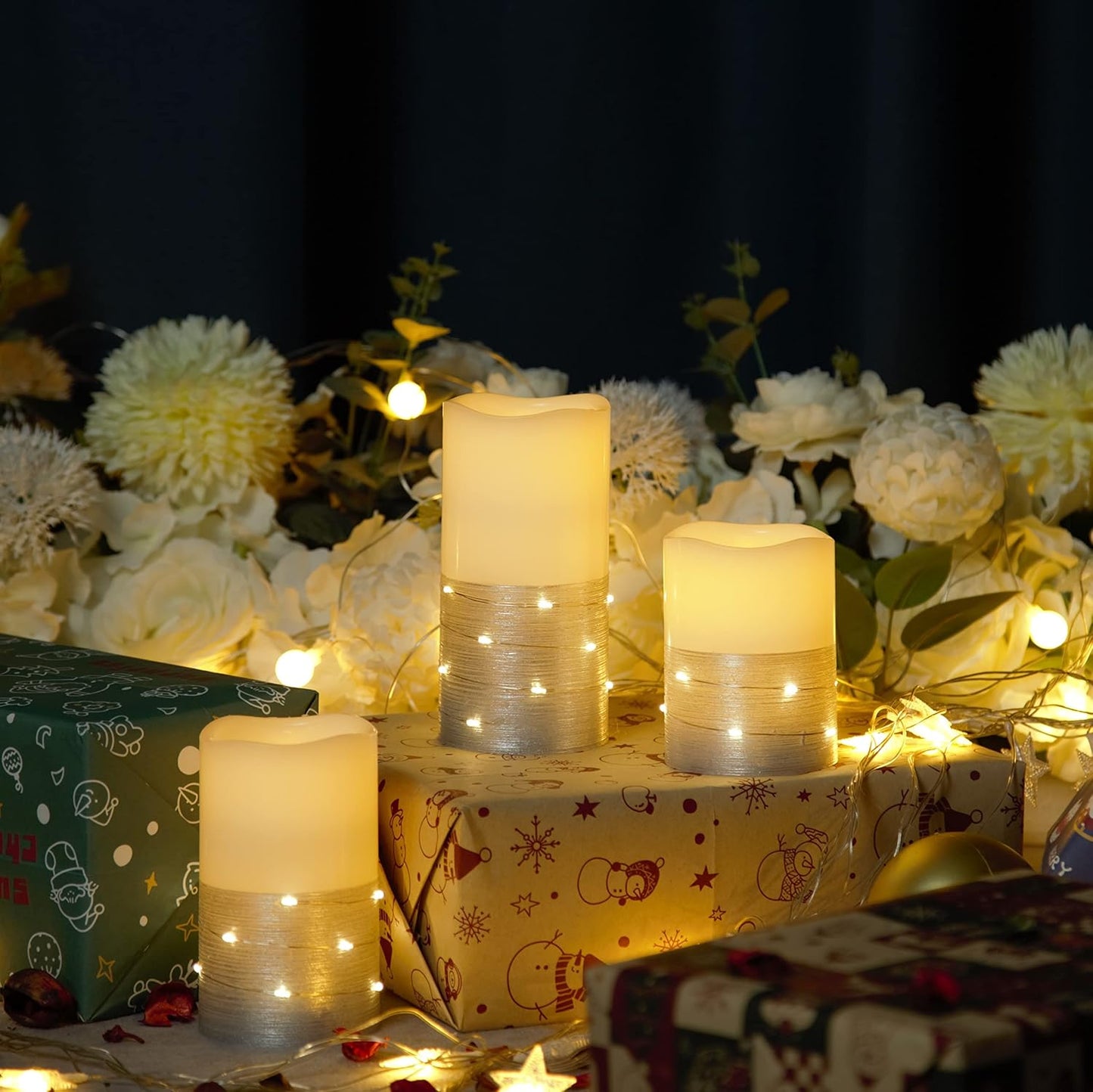 H-BLOSSOM Flickering Flameless Candles Ivory Real Wax Pillar with Embedded String Lights LED Candles Battery Operated with 10 Key Remote and Cycling 5H Timer Set of 3 (3" x 4"/5"/6") (Silver)
