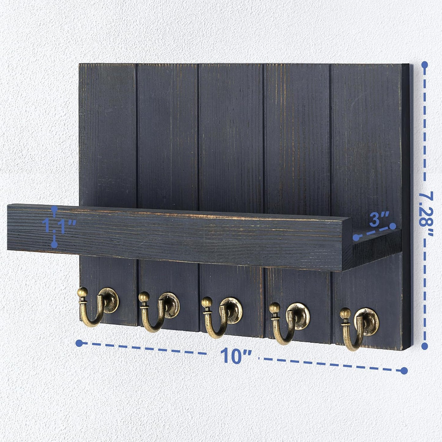 Rebee Vision Decorative Key Holder Wall Mount - Rustic Key Holder for Wall with Shelf and Mail Organizer for Living Room Decor - Home Essentials for Home Improvement (Brown, 3.54" x 10" x 7.28")