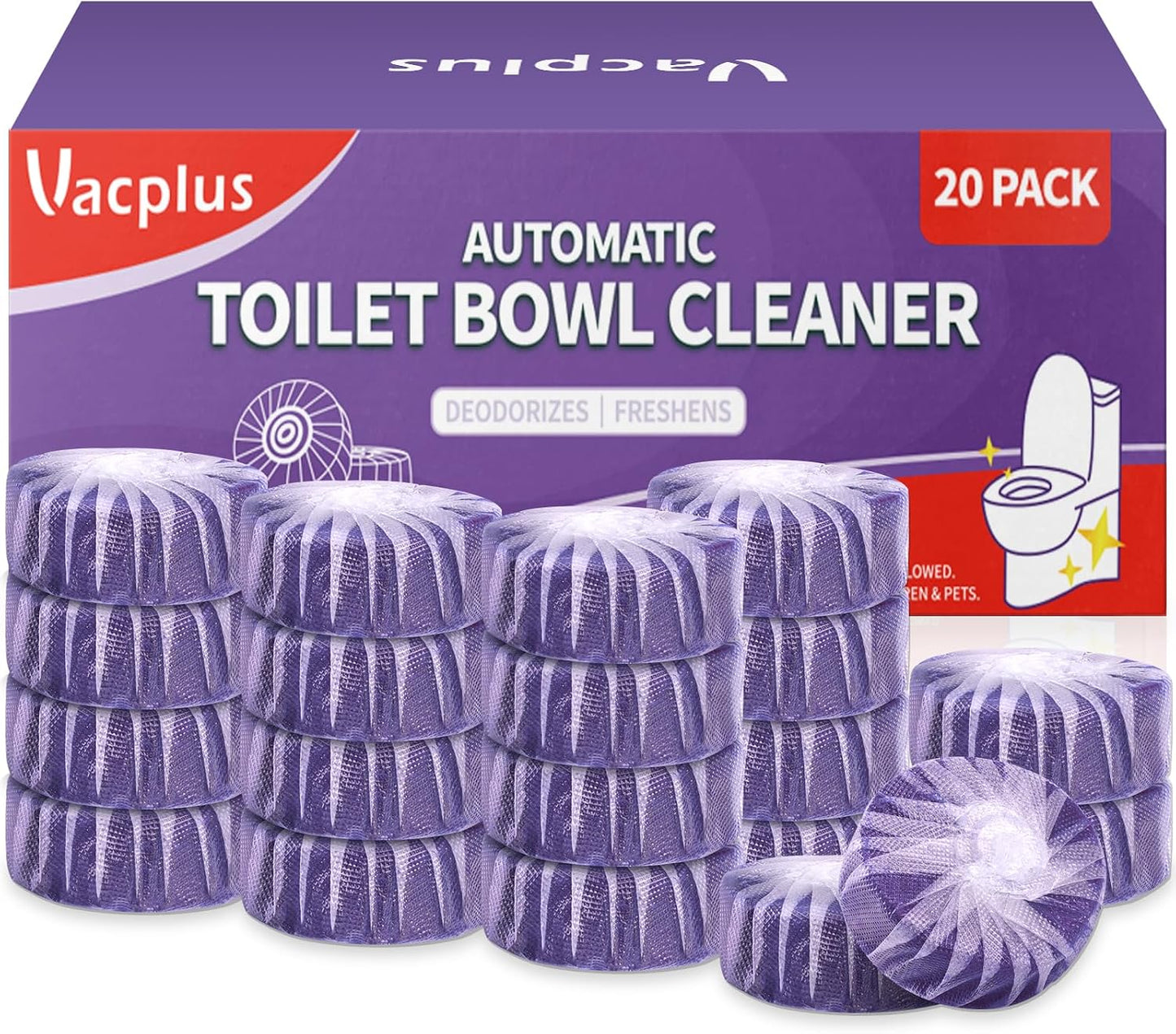 Vacplus Toilet Bowl Cleaners - 20 Pack Long-Lasting Toilet Cleaner Tablets, Prevent Stains & Deodorize, Blue