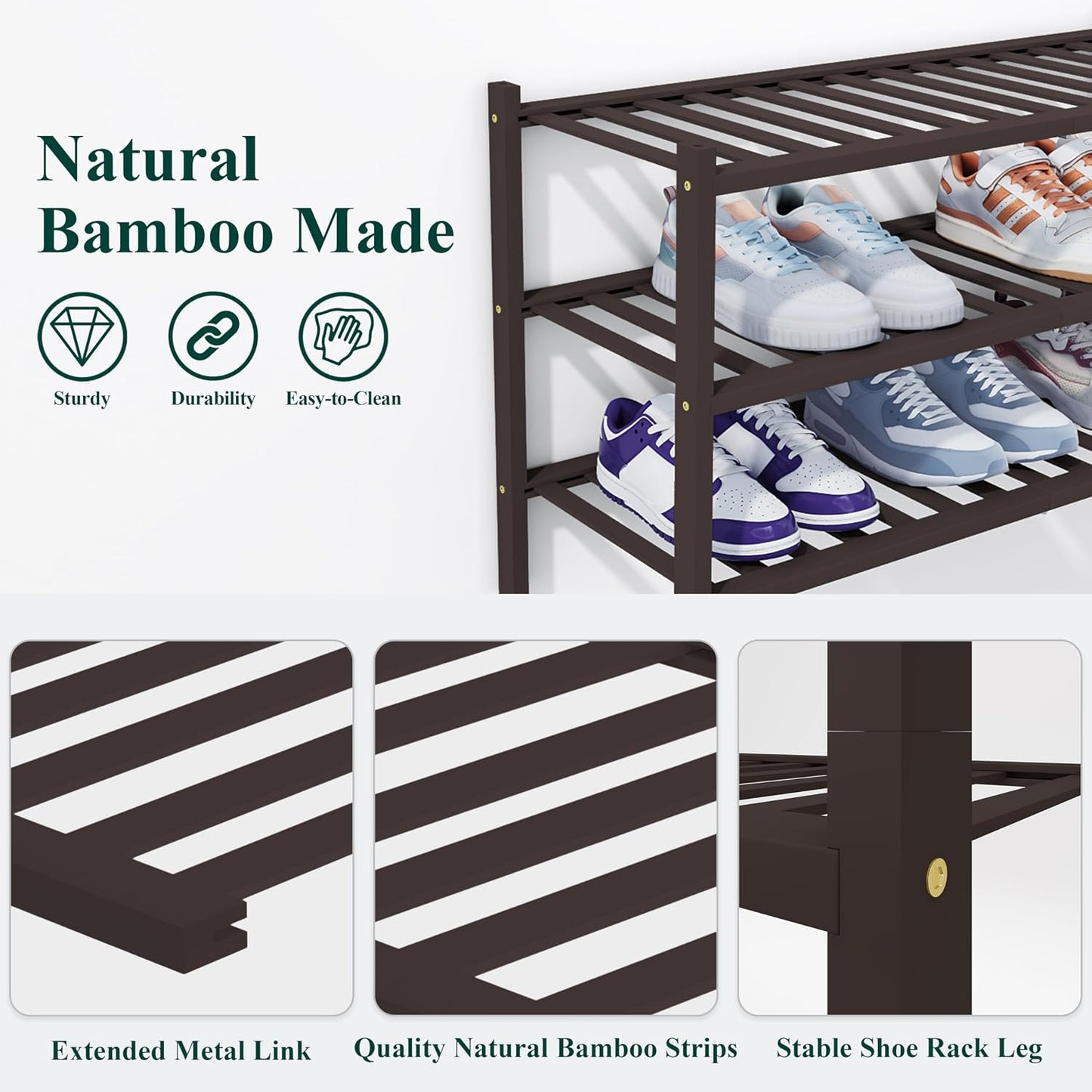 Smiry Bamboo Shoe Rack, 3 Tier Free Standing Wooden Shoe Organizer, Stackable Wood Shoe Storage Shelf for Closet, Entryway, 12 Vertical Slats, 2+1 Stack Standard Legs, 26.8"x11"x19.5", Natural