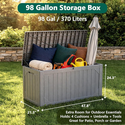 Outdoor Storage Box, 98 Gallon Deck Box, Outdoor Storage Bench, Waterproof Resin Storage Bench with Lockable Lid, Patio Furniture Cushions & Garden Tools Storage, UV Resistant (Black)