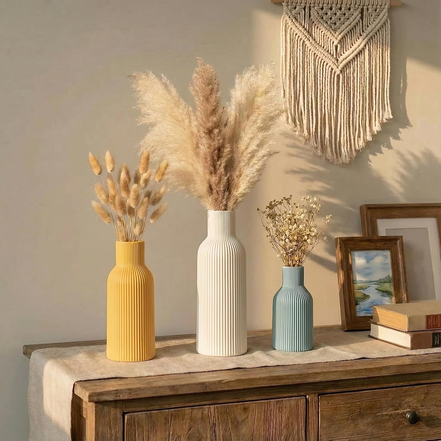 White Ceramic Flower Vases Set of 3, Modern Matte Vertical Ribbed, Nordic Minimalist Decor for Pampas, Dried & Fresh Flowers, Centerpiece for Living Room, Shelf, Entryway, Wedding,Office