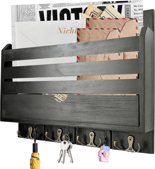 Brown Wall Key Rack Multi Hooks Entryway Storage Box | Entryway Wall Decor Key and Mail Rack, Functional Storage Solution for Bedroom, Office & Apartment
