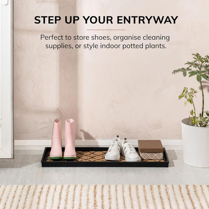 Anji Mountain Heavy Duty Waterproof Rubber Shoe Storage Mat Organizer/Boot Storage Tray Multi Use for Entryway with Coir, Tan Insert, Fits 4 Pair (46.5" Wide)
