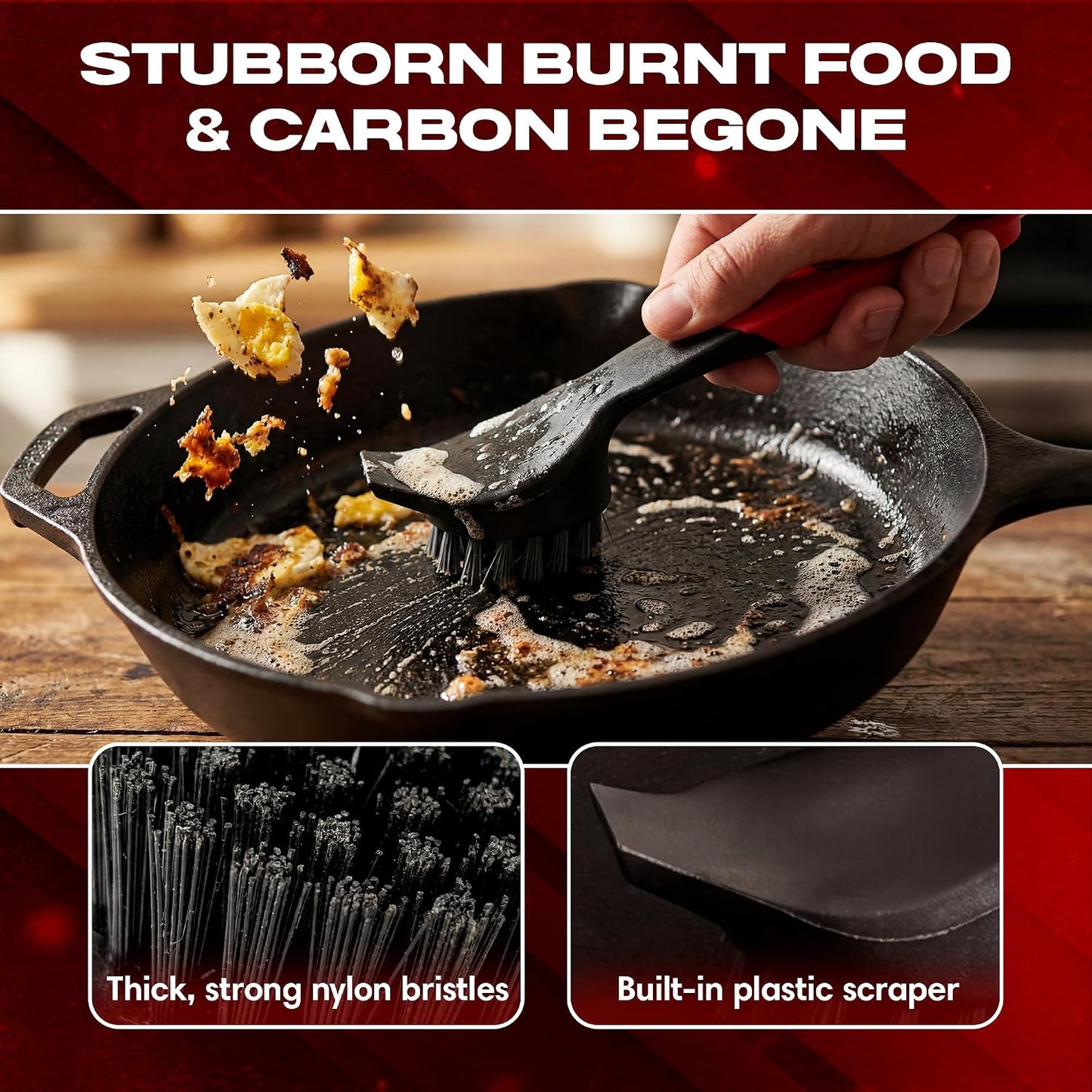 Cast Iron Scrub Brush with Heavy Duty Scraper - Nylon Bristles Dish Scrubber for Pans, Skillets and Woks – Kitchen Cleaner Removes Grime, Grease, Food Build Up - 90058 by Chef Master