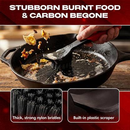 Cast Iron Scrub Brush with Heavy Duty Scraper - Nylon Bristles Dish Scrubber for Pans, Skillets and Woks – Kitchen Cleaner Removes Grime, Grease, Food Build Up - 90058 by Chef Master
