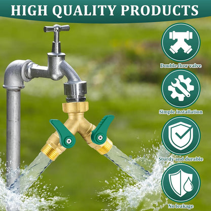 Garden Hose Splitter 2 Way, Heavy Duty Brass Hose Splitter, 3/4" GHT Hose Y Splitter with Shutoff, Full Flow Outdoor Faucet Splitter, Water Hose Y Valve Tap Adapter