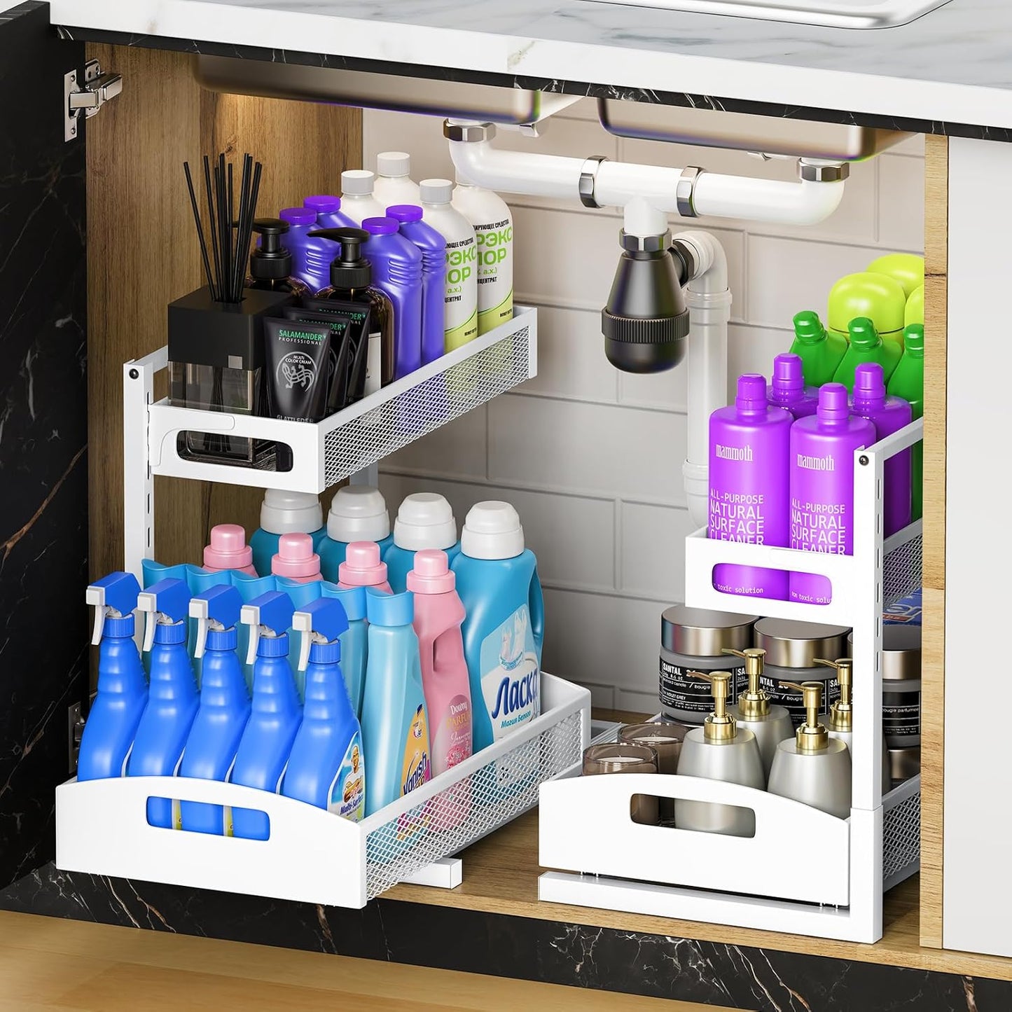 Petiza Under Sink Organizer Pull Out Cabinet Organizer Adjustable Height 2 Tier with Sliding Drawers Kitchen Bathroom Organizer and Storage(1pc)