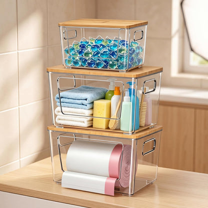 spospo 2 Pack Trash Bag Holder with Bamboo Lid, Stackable Trashbag Dispenser, Extra Large Garbage Bag Holder for Kitchen Laundry Room Under Sink Organization and Storage