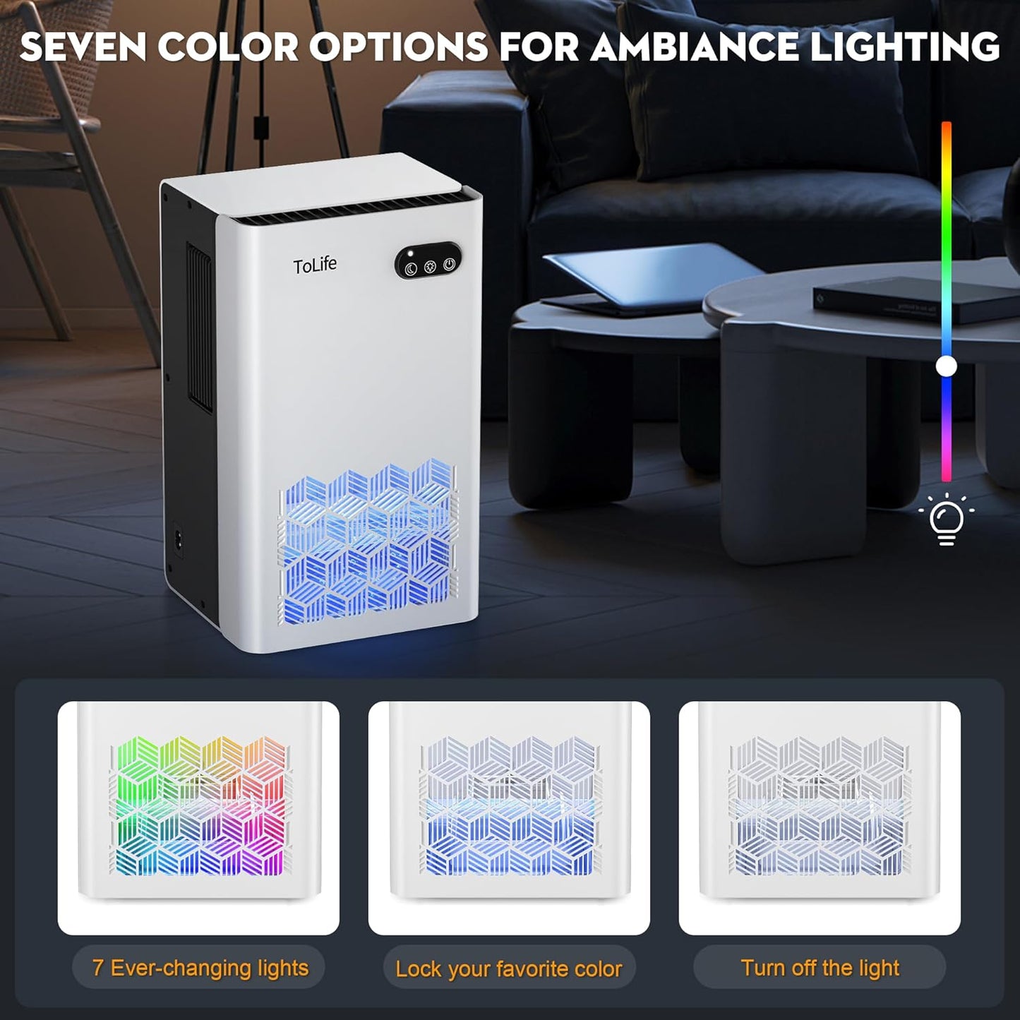 ToLife Dehumidifier for Home 95 OZ Water Tank, 1000 sq.ft Dehumidifiers for Basement Bedroom Bathroom with Auto Shut Off 7 Colors LED Light, Grey