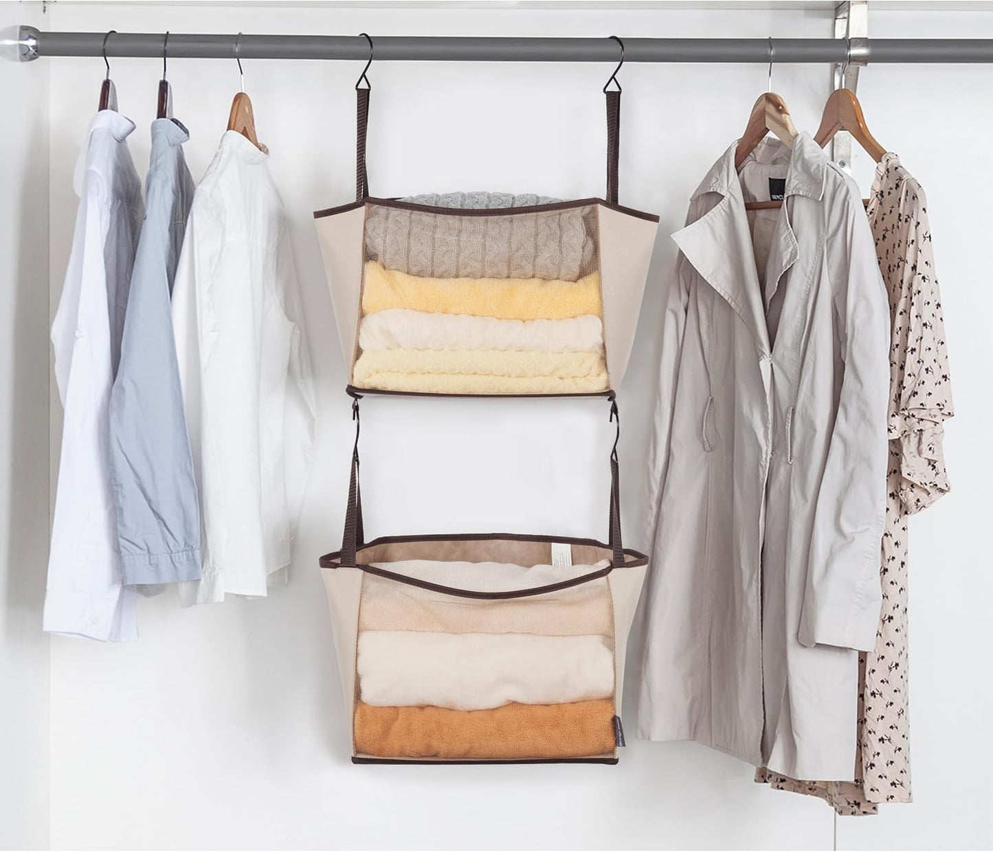 STORAGE MANIAC 2-Tier Hanging Closet Organizer, Fabric Storage Baskets with Hooks, Closet Shelves for Dorm Room, Apartment, Bedroom, Garment Rack & Wardrobe, Ivory
