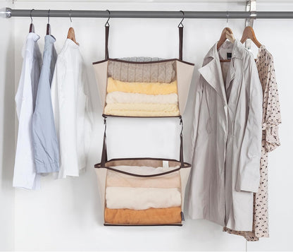 STORAGE MANIAC 2-Tier Hanging Closet Organizer, Fabric Storage Baskets with Hooks, Closet Shelves for Dorm Room, Apartment, Bedroom, Garment Rack & Wardrobe, Ivory