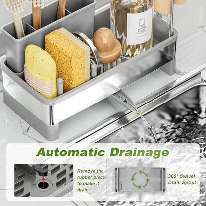 Ewaiira Stainless Steel Sink Caddy, Sponge Holder for Kitchen Sink with Brush Holder and Towel Rack, Sink Organizer for Countertop, Soap Dispenser Kitchen Organizers Storage Essentials (A-Black)