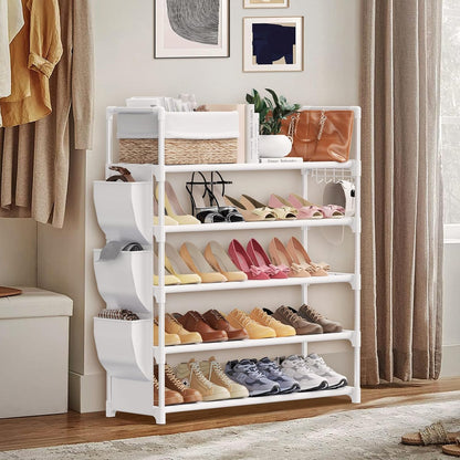 VILICK 5 Tier Shoe Rack with Hook and Side Pocket,Shoe Organizer Space Saver Storage for 20-25 Pair Shoe Storage Shelf Sturdy Free Standing Long Shoe Rack Organizer for Closet,Entryway,Small Spaces