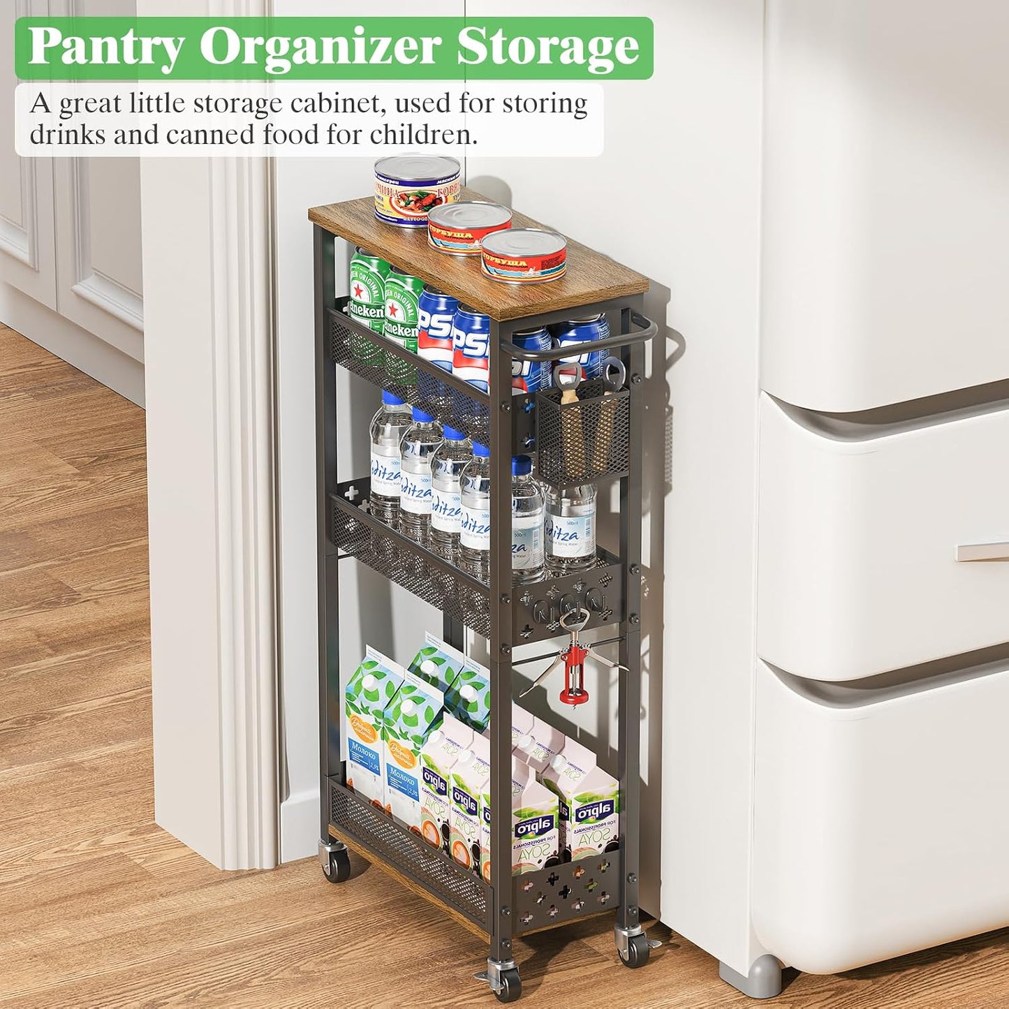 4 Tier Slim Rolling Storage Cart, Laundry Room Cart on Wheels, Small Metal Bathroom Cart Kitchen Organizer Trolley with Handle and Mesh Basket, 7.1 inch Width for Narrow Space, Black