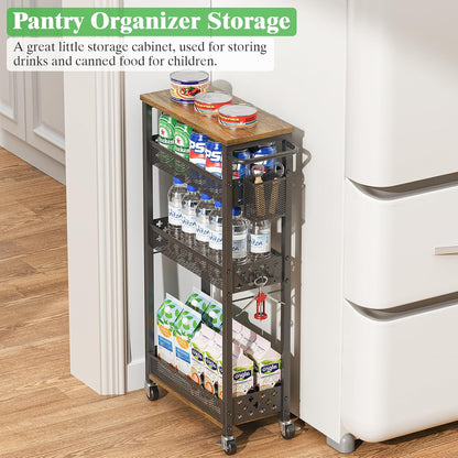 4 Tier Slim Rolling Storage Cart, Laundry Room Cart on Wheels, Small Metal Bathroom Cart Kitchen Organizer Trolley with Handle and Mesh Basket, 7.1 inch Width for Narrow Space, Black