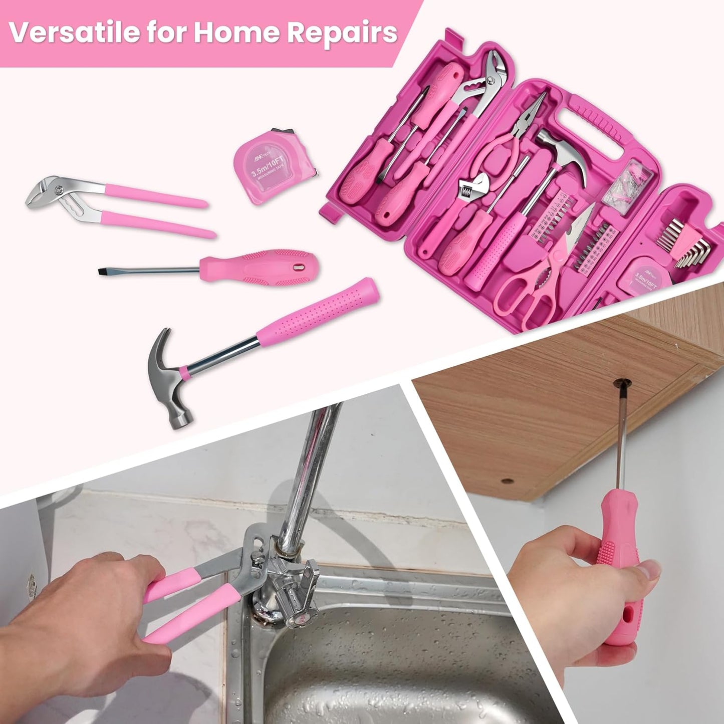 Pink Tool Set for Women 136-Piece Small Tool Kit for Home Repairs | Household Toolbox Storage for Girl, Portable Hand Tool Kit for Home, Car Repair, Perfect Gift for Ladies