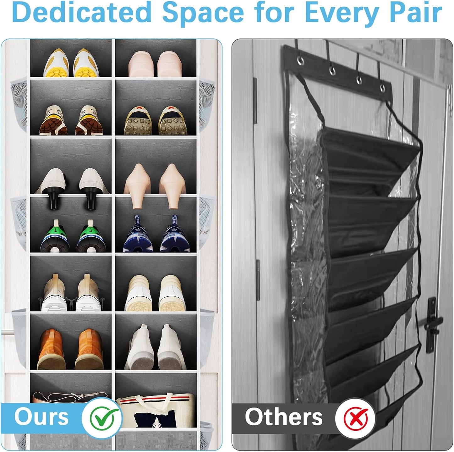 Yecaye 30 Pairs Over the Door Shoe Organizer, Large Capacity Hanging Shoe Rack for Door Hanger with Deep Pockets, Heavy Duty 10 Tier Shoe Holder for Sneakers Boots Heels College Dorm Essentials, Black