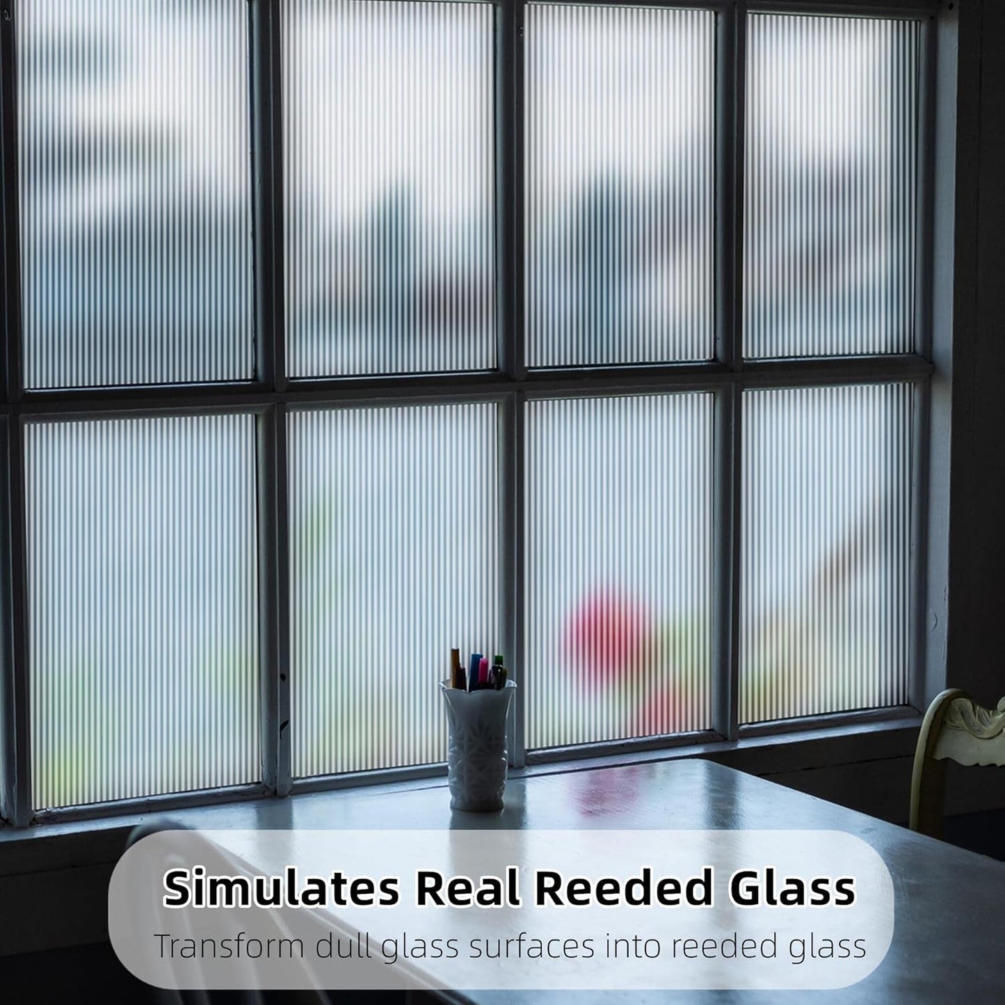 VELIMAX Reeded Glass Window Film, Window Privacy Film, Frosted Window Vinyl, 3D Decorative Decals Non Adhesive for Bathroom Living Room 17.7x78.7 inches