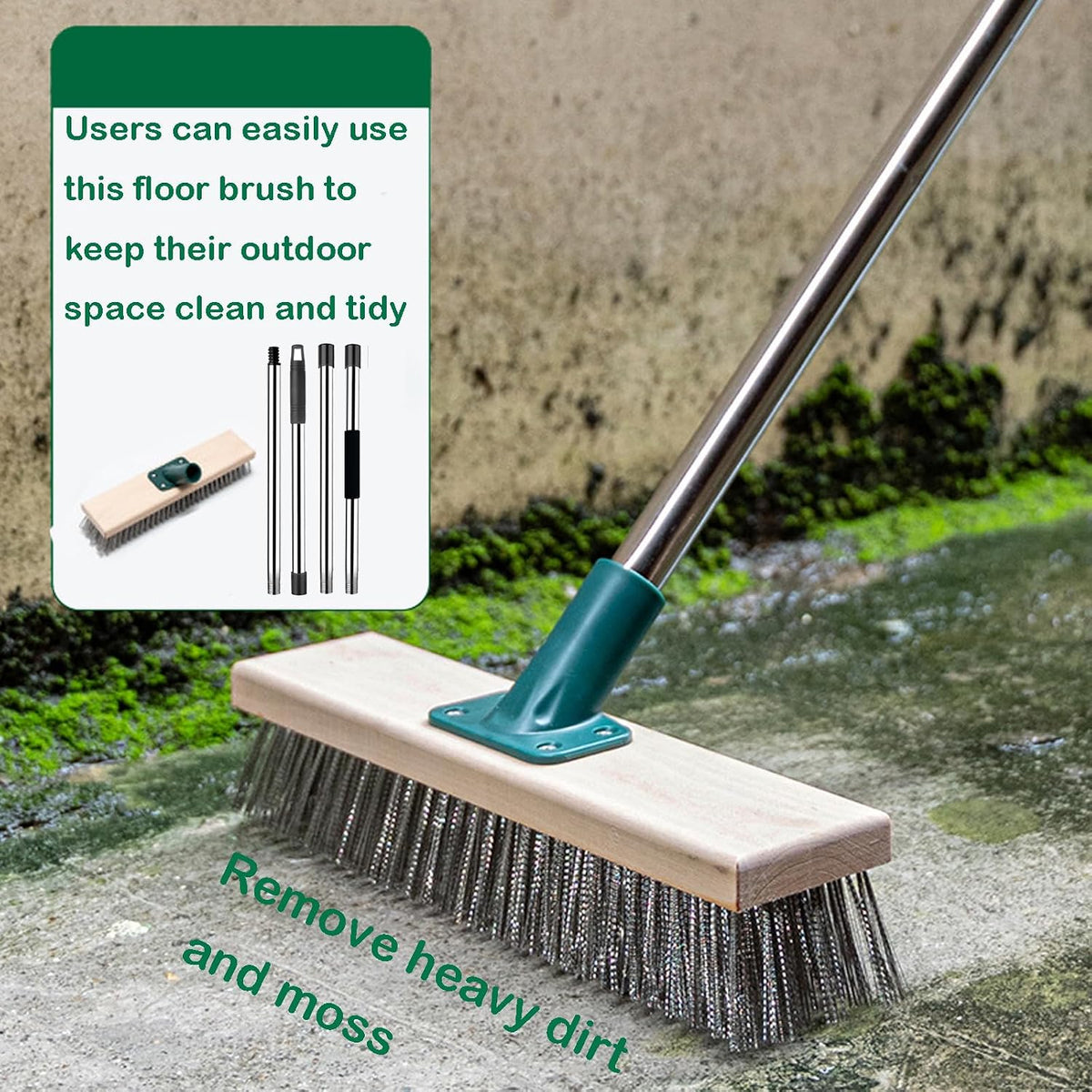 Stainless Steel Wire Brush with Long Handle Deck Broom Brush Floor Scrubber Brush for Cleaning Outdoor Broom for Moss, Tough Stains on Concrete, Grout, Garden, Garage, Patio, Swimming Pool