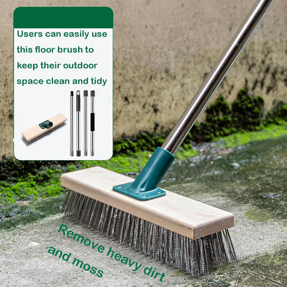 Stainless Steel Wire Brush with Long Handle Deck Broom Brush Floor Scrubber Brush for Cleaning Outdoor Broom for Moss, Tough Stains on Concrete, Grout, Garden, Garage, Patio, Swimming Pool