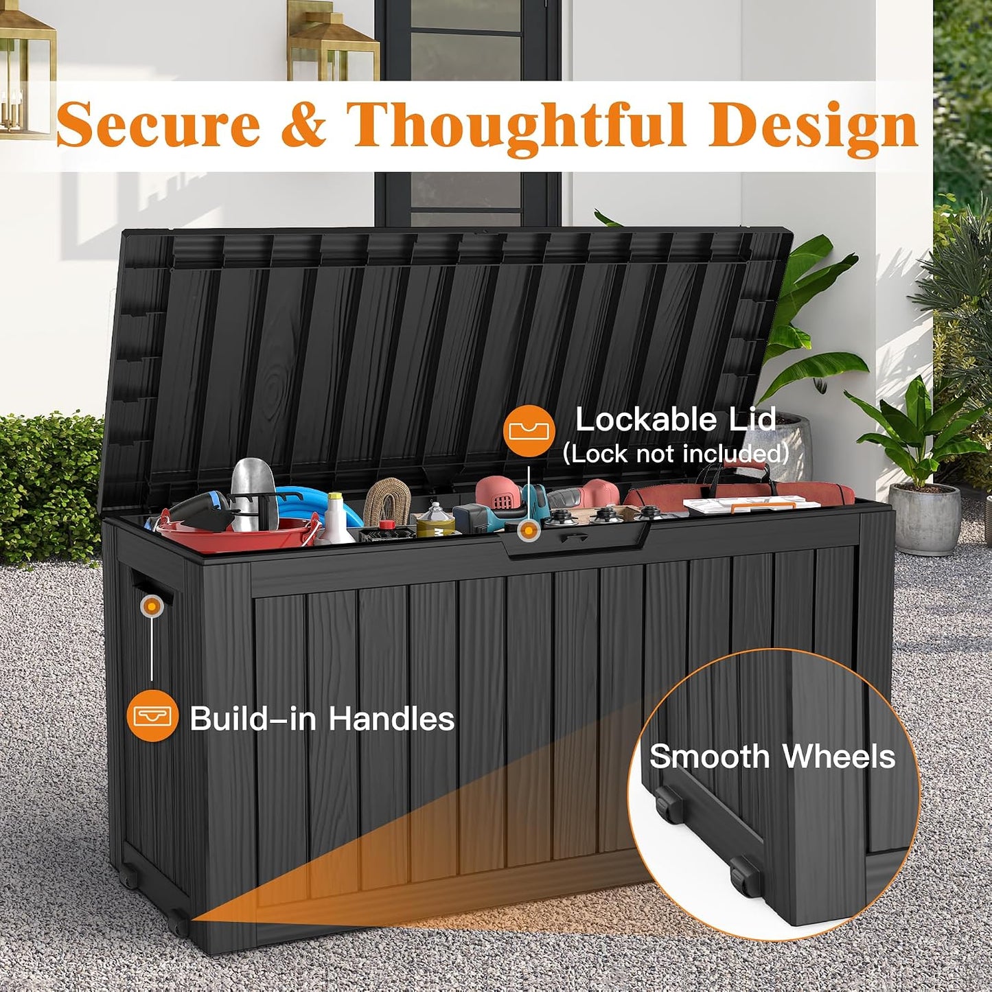 Outdoor Storage Box, 50 Gallon Waterproof Deck Storage Box, Lockable Patio Storage Bins for Package Delivery, Porch, Garden Tool, Cushions, Anti-Theft Weatherproof & UV-Resistant Parcel Drop Box