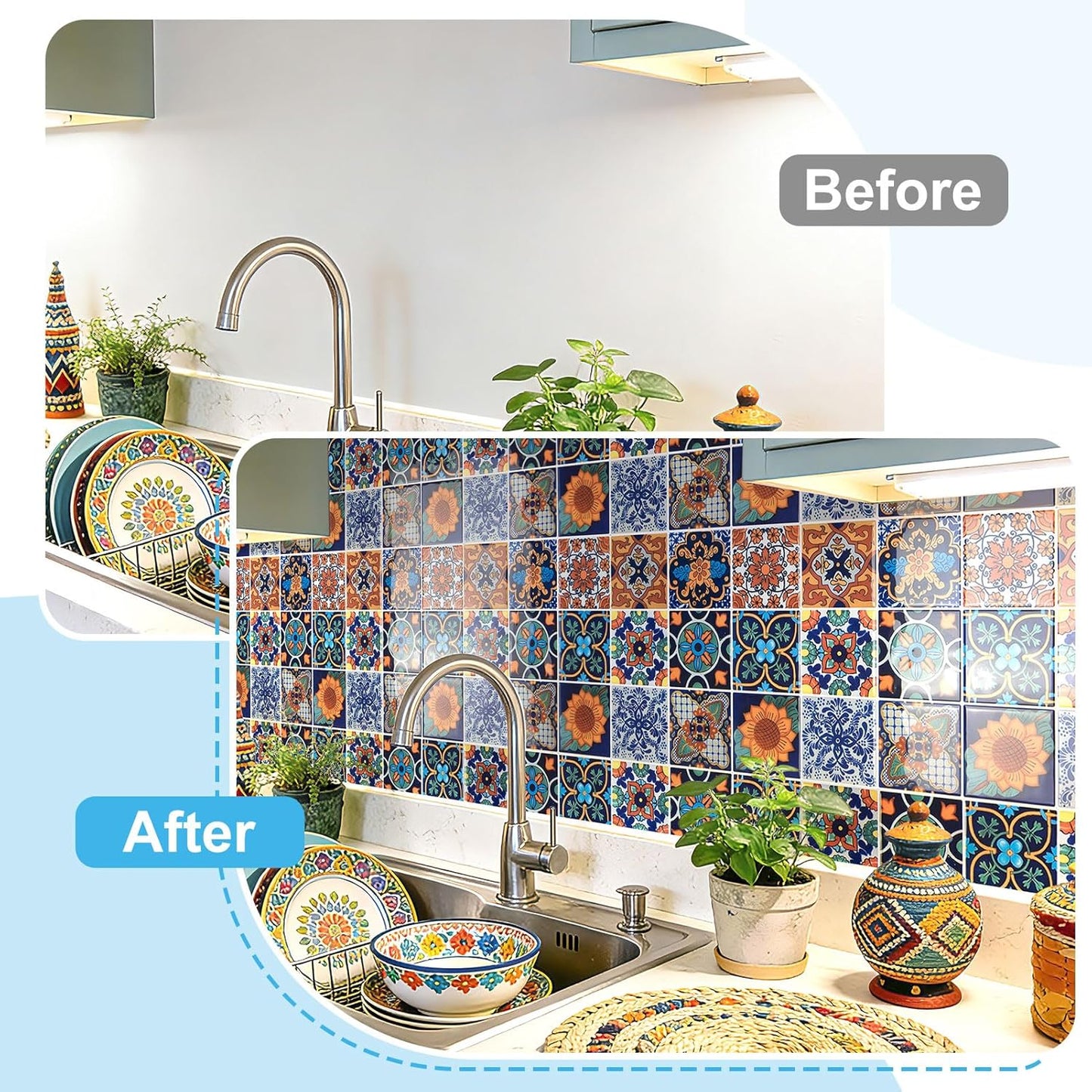 Art3d Talavera Hand-painted Waterproof Peel and Stick Backsplash Tile for Kitchen & Living Room, Sun & Moon Floral Design - 10-Pack of 12 x 12 Inch