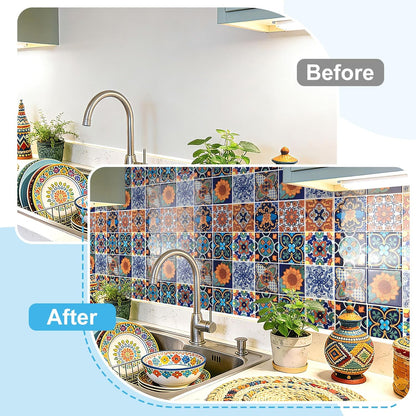 Art3d Talavera Hand-painted Waterproof Peel and Stick Backsplash Tile for Kitchen & Living Room, Sun & Moon Floral Design - 10-Pack of 12 x 12 Inch
