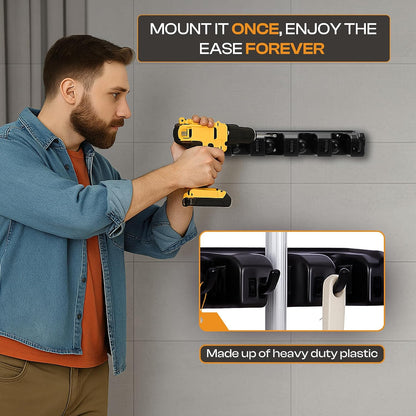 Heavy-Duty Stainless-Steel Broom Holder Wall Mount with 3 Racks and 4 Hooks | Waterproof Mop and Broom Hanger | Adjustable, Garage & Garden Tool Organizer | Black