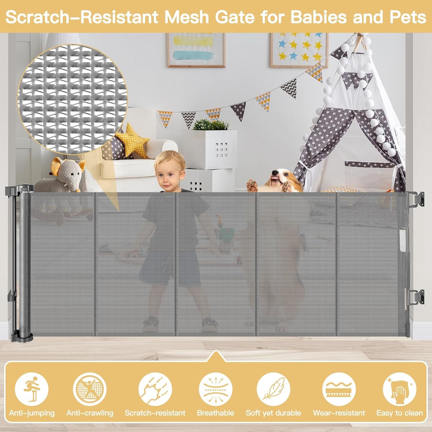 Reinforced 28-Inch Tall Retractable Baby Gates for Doorways, Walk Through Pet Gate for Stairs, Short Baby Gate with Support Rods, 55 Inch Wide Mesh Gate Retractable Gate Small Dog Gate, Gray