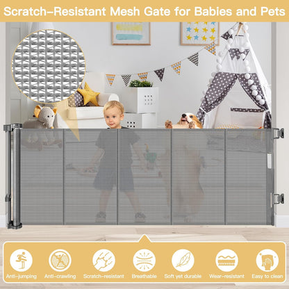 Reinforced 28-Inch Tall Retractable Baby Gates for Doorways, Walk Through Pet Gate for Stairs, Short Baby Gate with Support Rods, 55 Inch Wide Mesh Gate Retractable Gate Small Dog Gate, Gray