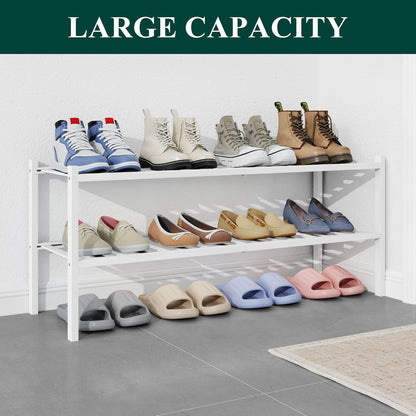 Smiry Bamboo Shoe Rack for Closet, 3 Tier Wooden Shoe Organizer, Stackable Wood Shoe Storage Shelf for Entryway, 14 Vertical Slats, One-piece Heavy-Duty Legs, 26.77"x11.02"x18.31", Natural