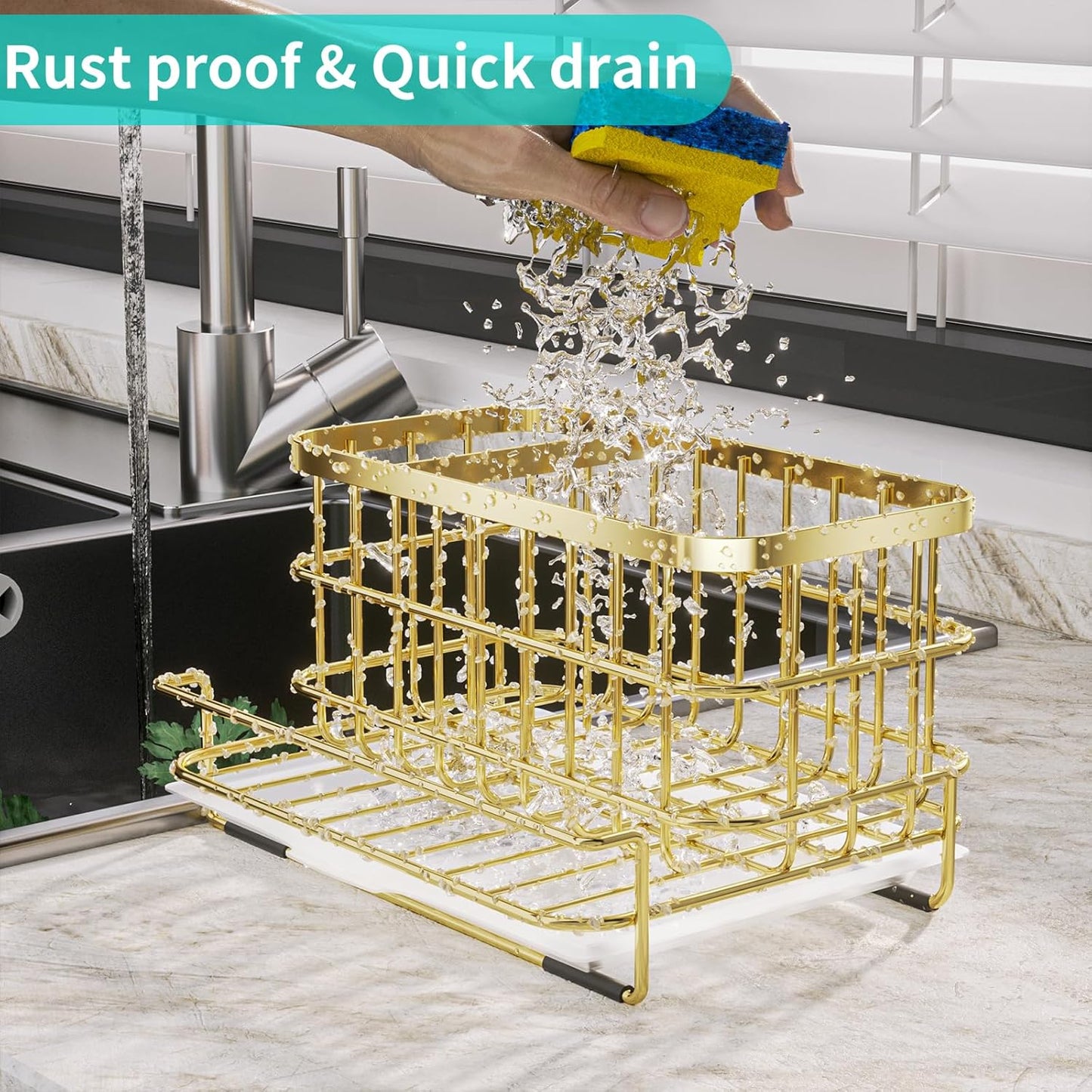 HapiRm Kitchen Sink Organizer, SUS304 Stainless Steel Rustproof Multifunctional Large Sink Caddy with Sponge Holder and Drain Tray for Kitchen Countertop (Silver)