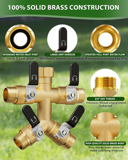 Hose Splitter 2 Way, Heavy Duty Brass Garden Hose Splitter, Water Hose Bib Spigot Splitter with 0.59" Full Flow Ball Valve Outlet & Shut-Off Valve 3/4'' Connector Outdoor Water Faucet Adapter