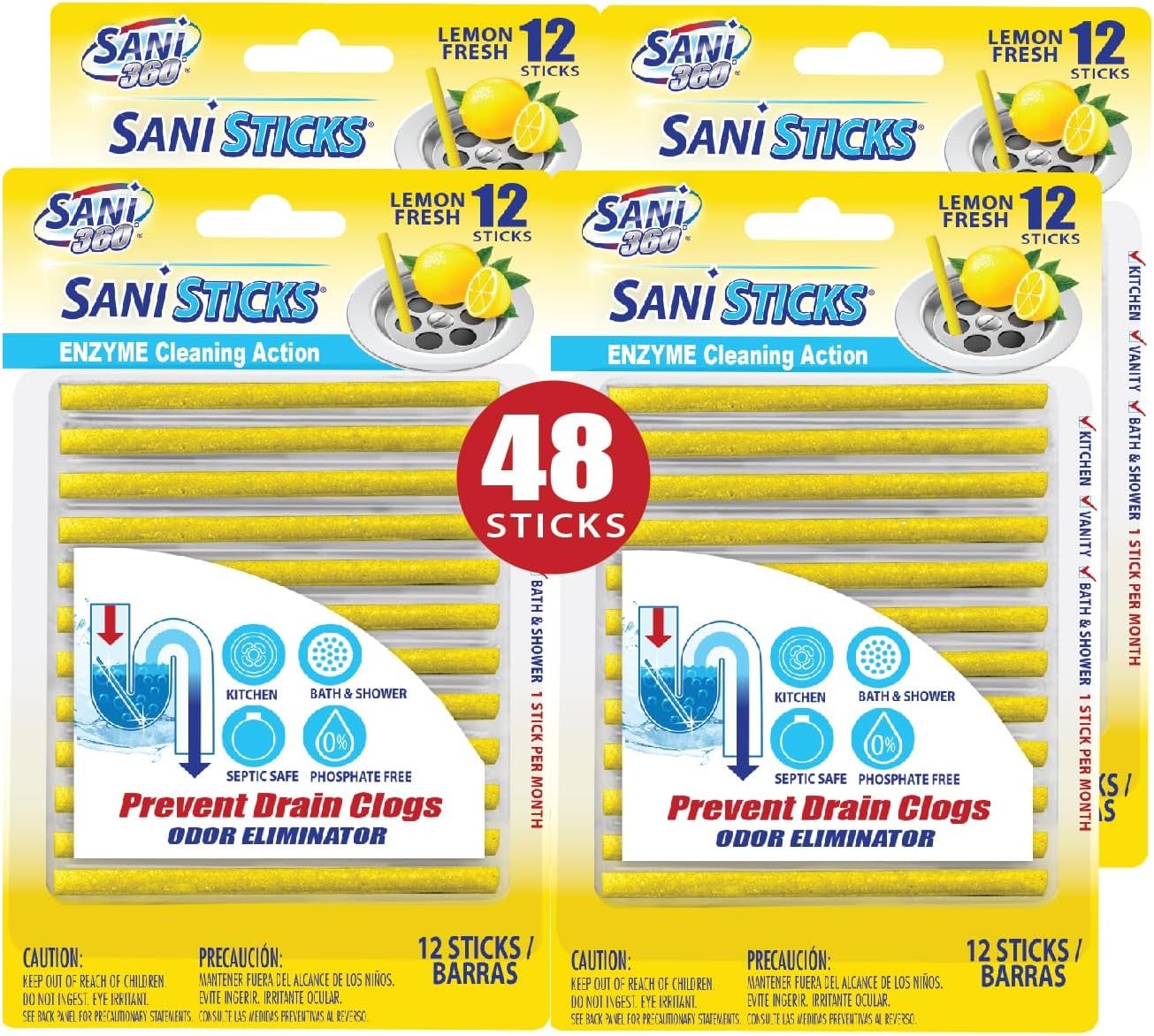 SANI 360° Sani Sticks Drain Cleaner and Deodorizer, 24 Count, Lemon Scent Enzyme Pipe Cleaners, Eliminate Odors, Prevent Clogged Drains, Safe for Sinks, Bathtub Drains, Septic Tanks