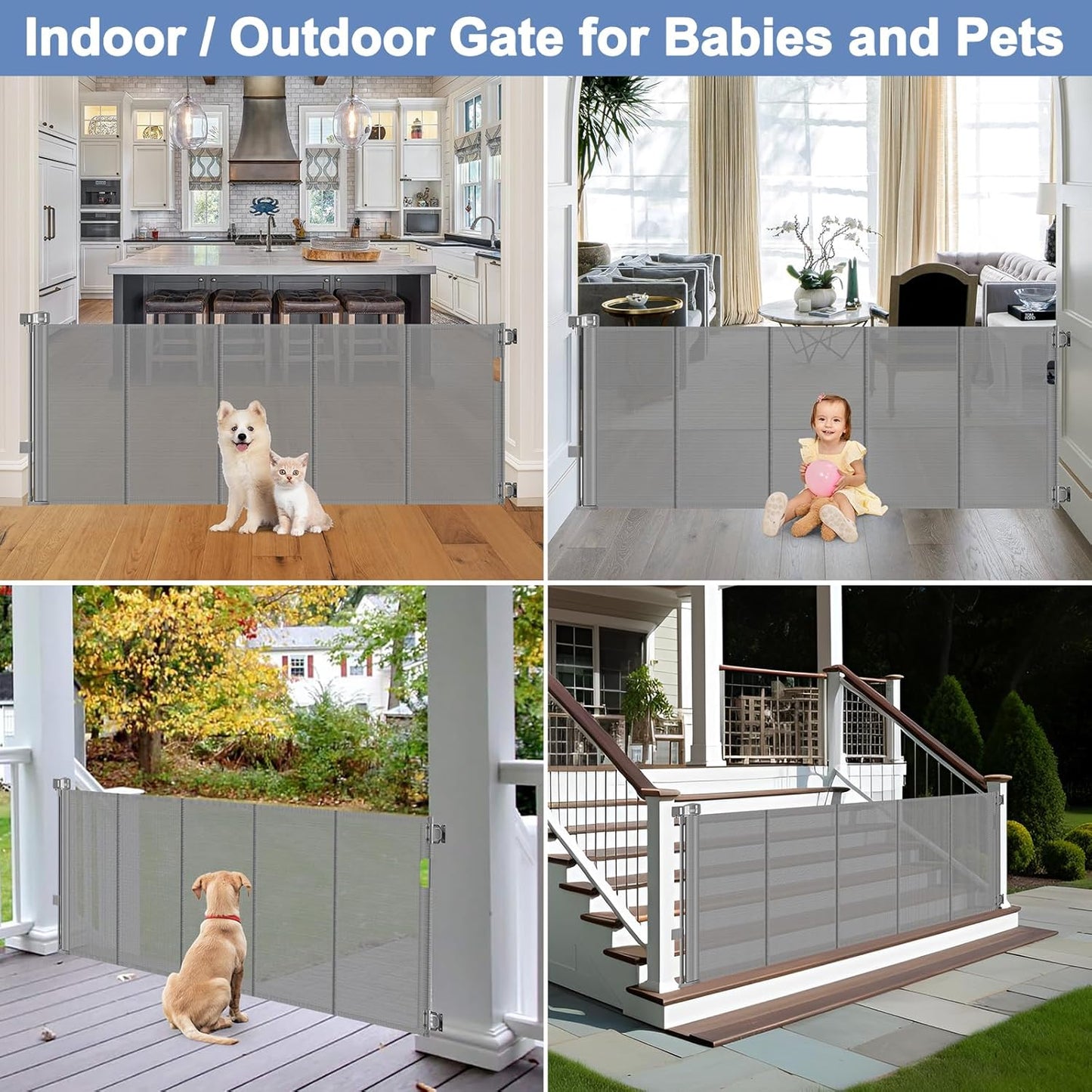 Reinforced Retractable Baby Gates with Support Beam 60" Wide Retractable Dog Gate Indoor Prevent Children and Dogs from Crawling Under Outdoor Dog Gate for Deck Mesh Gates for Kids or Pets, Black