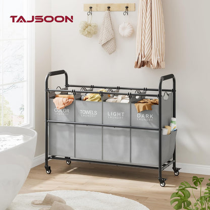 Tajsoon 4 Bag Laundry Sorter Cart, 4 Section Laundry Hamper Sorter with Heavy Duty Lockable Rolling Wheels, Laundry Separator Hamper with Removable Bags for Dirty Clothes Storage, Black