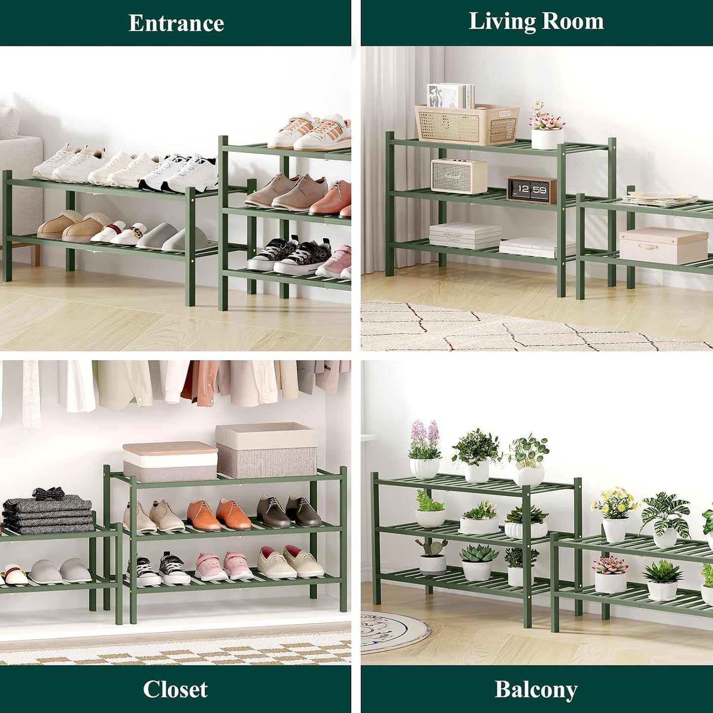 Smiry Bamboo Shoe Rack for Closet, 3 Tier Wooden Shoe Organizer, Stackable Wood Shoe Storage Shelf for Entryway, 14 Vertical Slats, One-piece Heavy-Duty Legs, 26.77"x11.02"x18.31", Natural