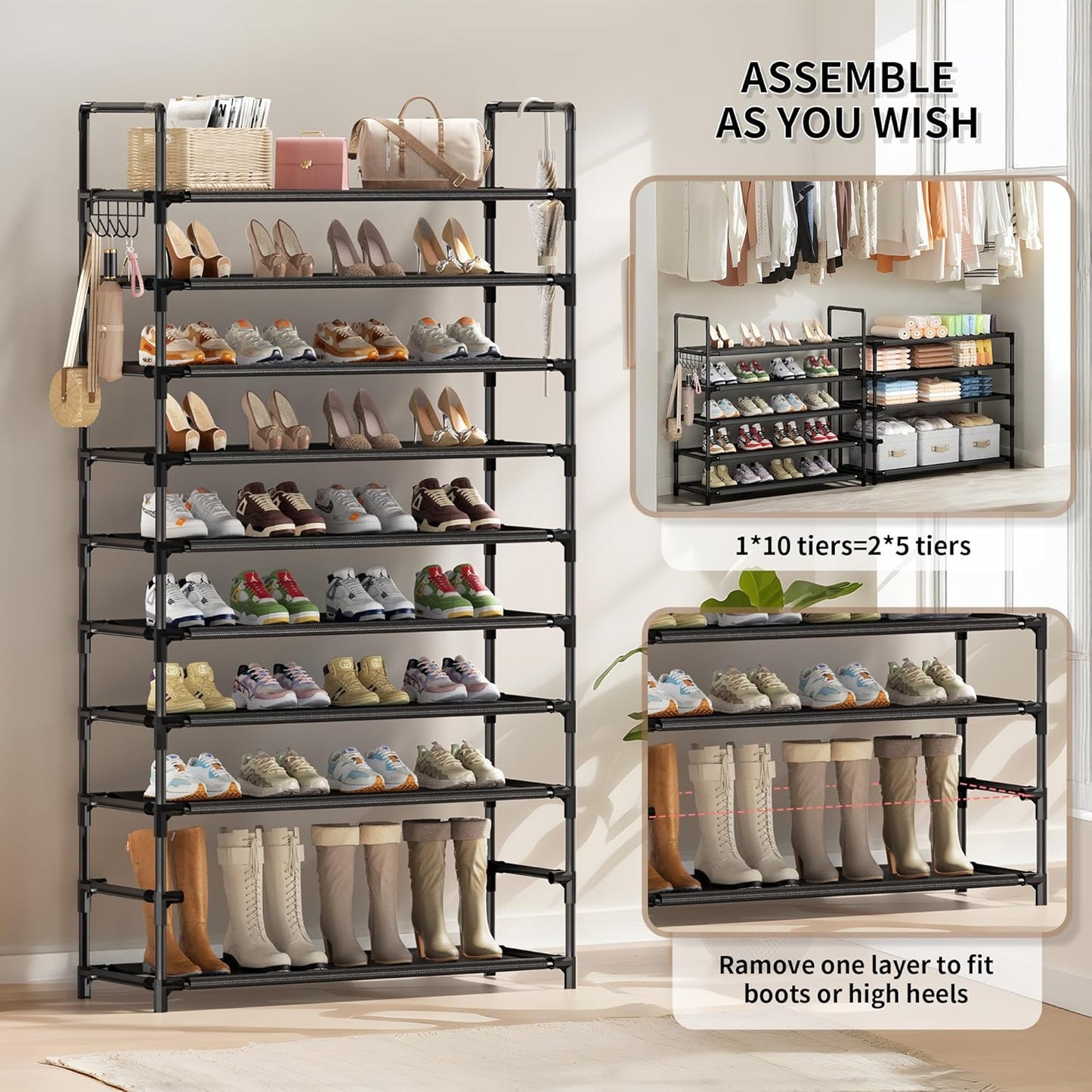 Shoe Rack, 10 Tier Shoe Storage Organizer with Hooks,Fit 40-45 Pairs Shoes,Metal Tall Shoe Shelf for Closet,Entryway, Hallway,Garage,Bedroom,Cloakroom