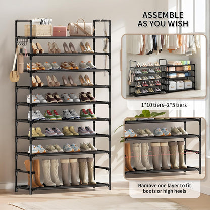 Shoe Rack, 10 Tier Shoe Storage Organizer with Hooks,Fit 40-45 Pairs Shoes,Metal Tall Shoe Shelf for Closet,Entryway, Hallway,Garage,Bedroom,Cloakroom