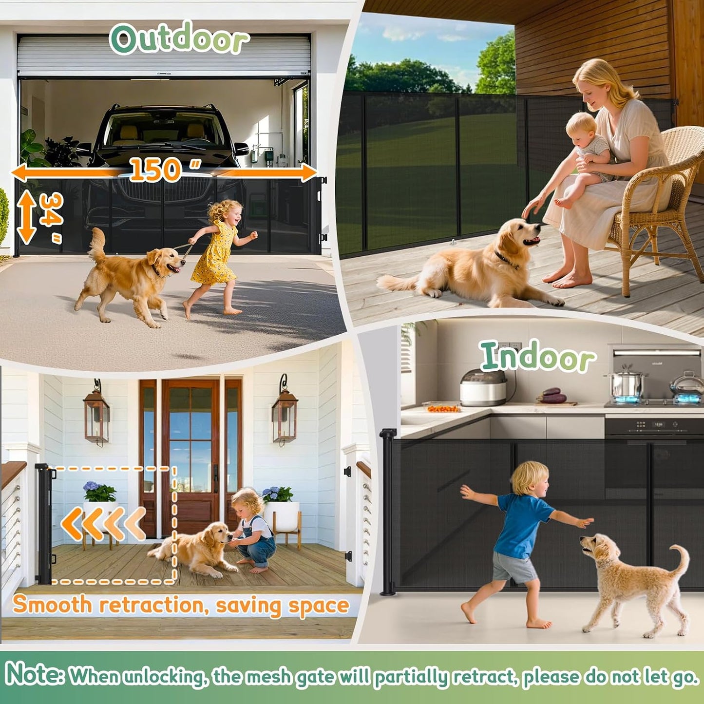 200'' Retractable Baby Gates Extra Wide,34" Tall Retractable Dog Gate for Doorways,Extra Long Retractable Baby Gate for Stairs,Kitchen,Indoor/Outdoor Retractable Gate with Fiberglass Reinforcement Rod