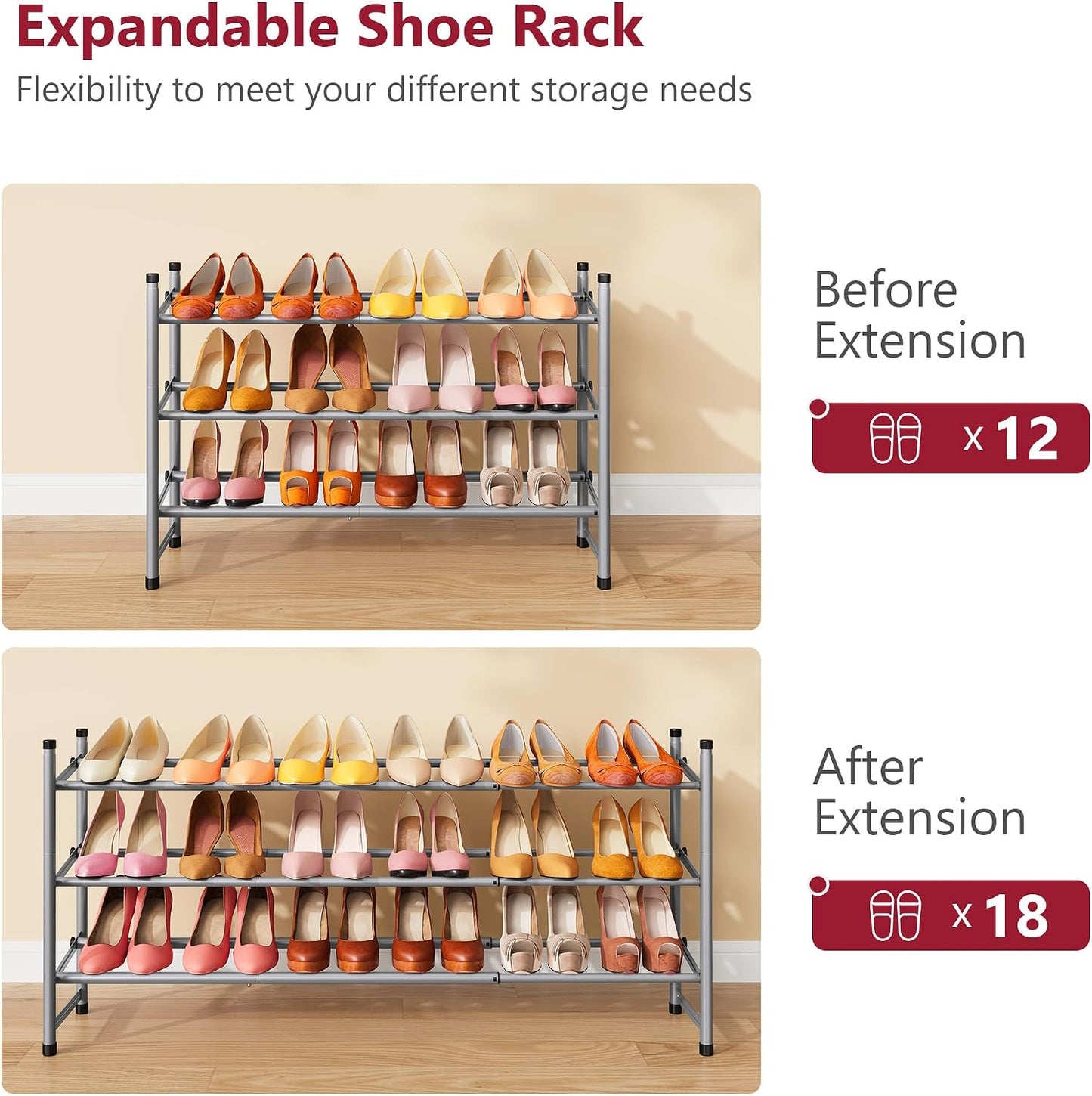 Tajsoon Expandable Shoe Rack for Closet 3 Tier, 28“-41“Adjustable & Stackable Shoe Shelf Storage, Metal Shoe Rack Organizer for Front Door Entrance, Closet, Garage, Entryway, Black